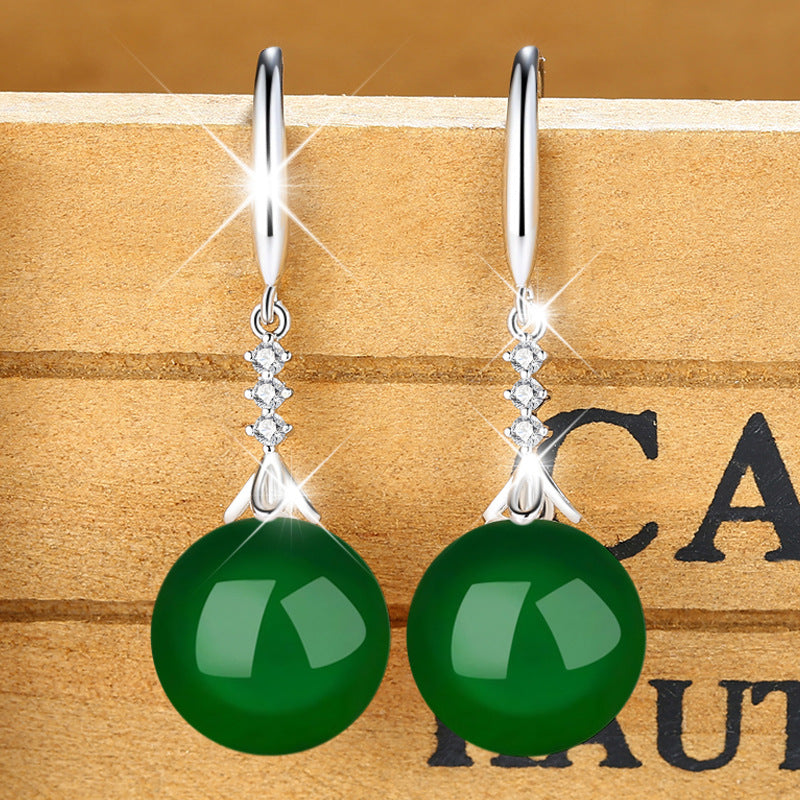 Women's Glass Stone Inlaid Zircon Green Chalcedony Earrings