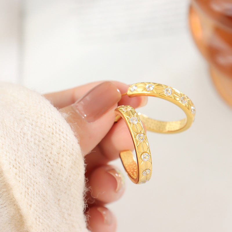 Inlaid Zircon Shaped Titanium Steel Gold Does Earrings