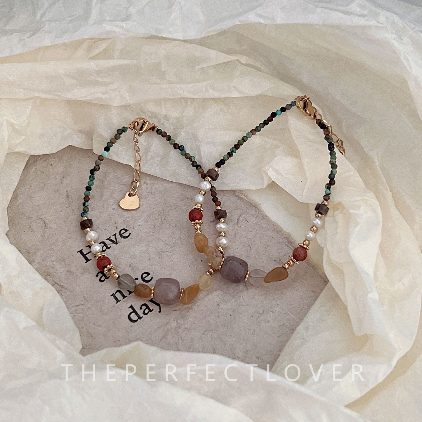 Women's Handmade Natural Stone Agate Gold Sand Blue Bracelets