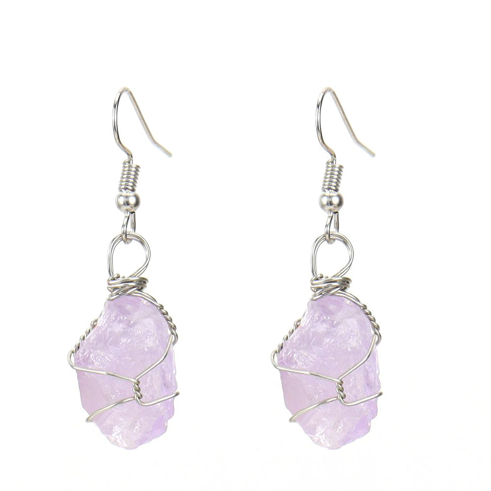Women's Handmade Sier Winding Natural Stone Rough Crystal Agate Earrings