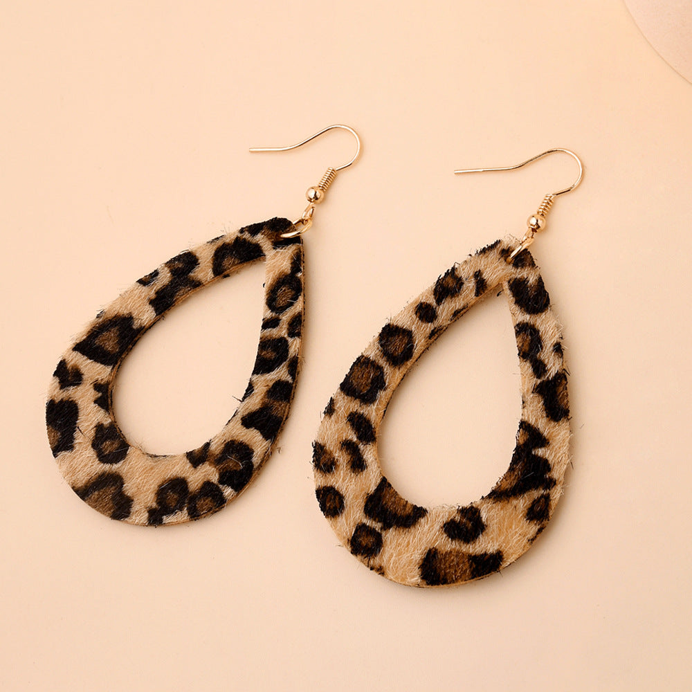 Women's Leather Horse Fur Print Hollow Water Earrings