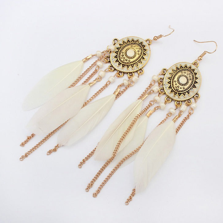 Bead Feather Chain Tassel Long Bohemian Earrings