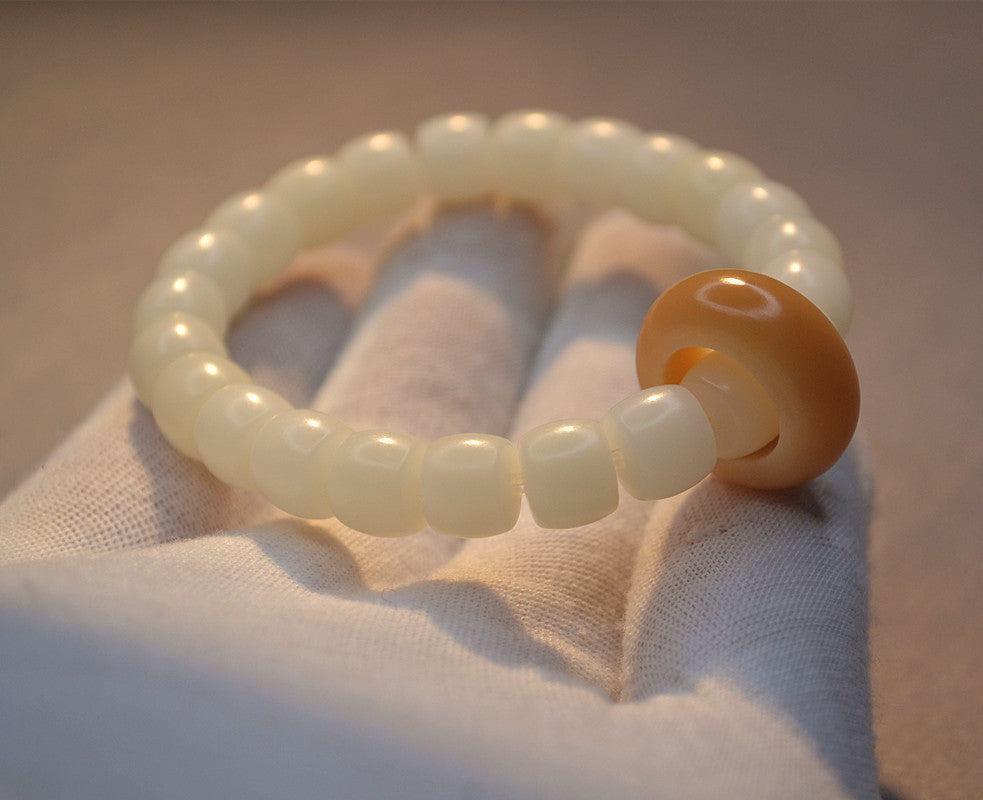 Straight Cut Barrel Beads White Corypha Weathered Bodhi Flexible Bracelet