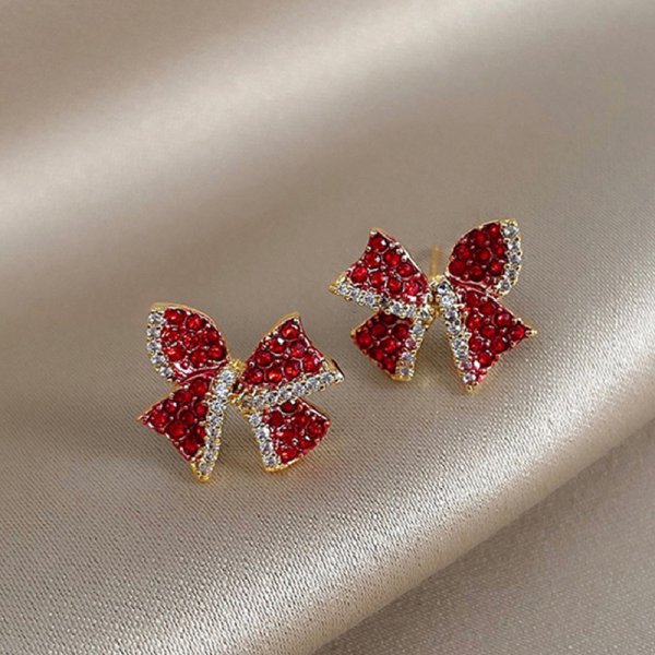 Women's Red Series Christmas Bowknot Crystal Flowers Earrings