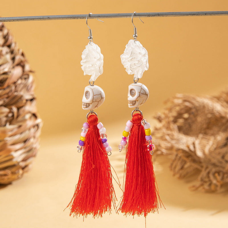 Halloween Funny Fun Skull Tassel Bead Earrings