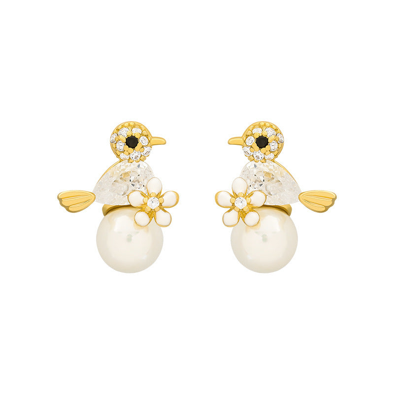 Sier-plated Bird Imitation Pearl Zircon Petite Trendy Niche Personalized Earrings