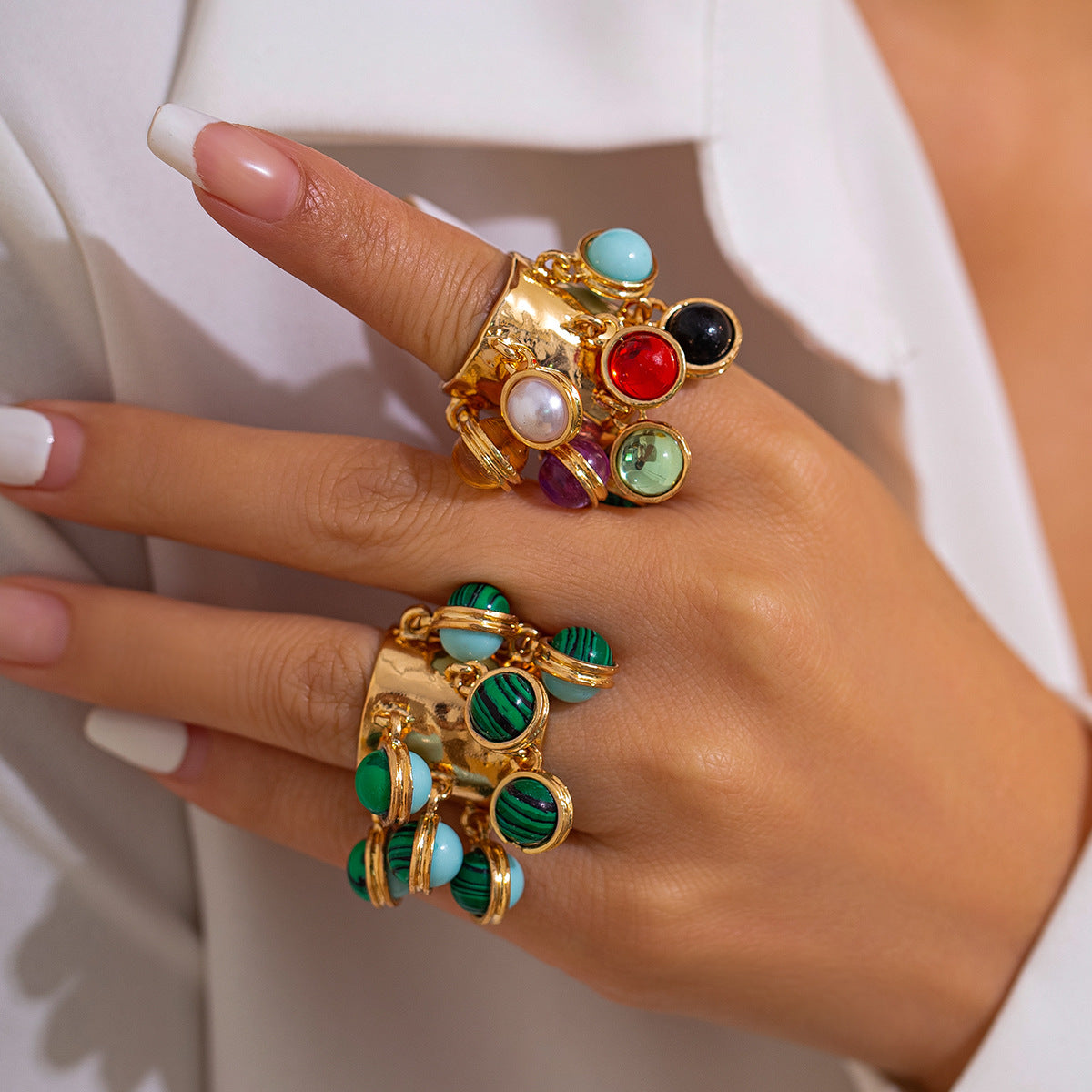 Vintage Court Inlaid Geometric Niche Malachite Rings