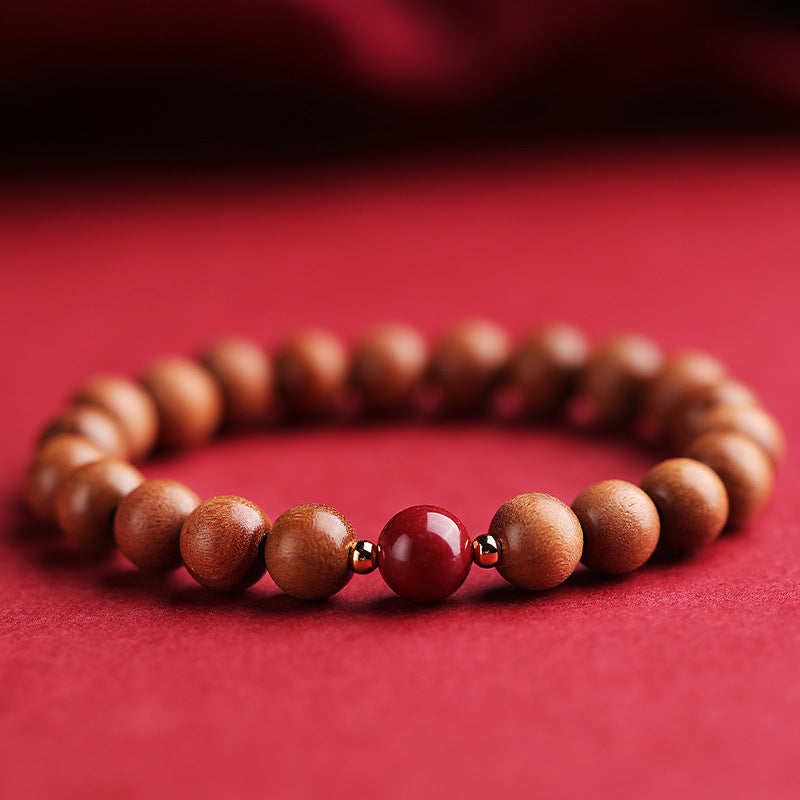 Women's & Men's Natural Peach Wood String Cinnabar Ball Artistic Bracelets