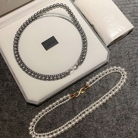 Women's Gray Australian White Pearl Sweater Chain Double Necklaces