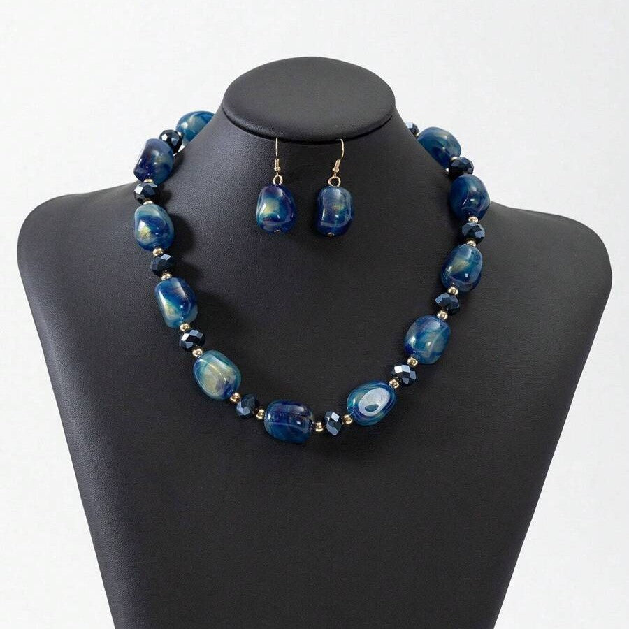 Retro Blue Imitation Shaped Natural Stone Acrylic Bead Advanced Light Necklace