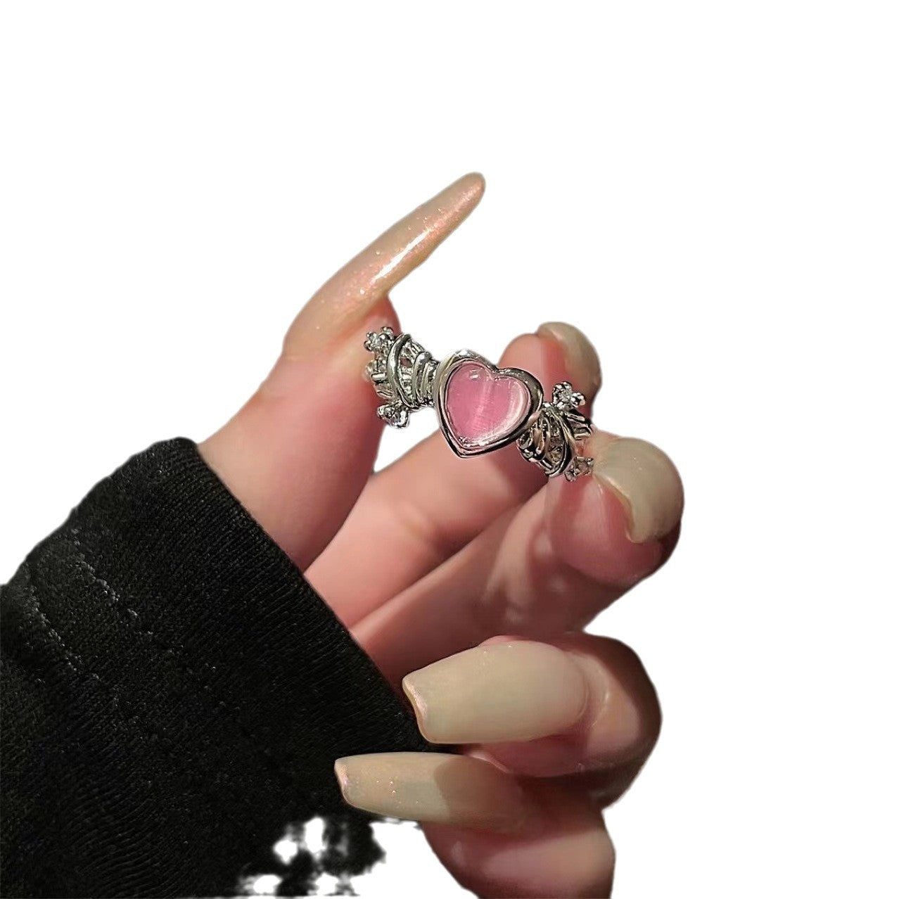 Women's Pink Diamond Love Heart-shaped Niche Design Open Index Finger Tide Rings