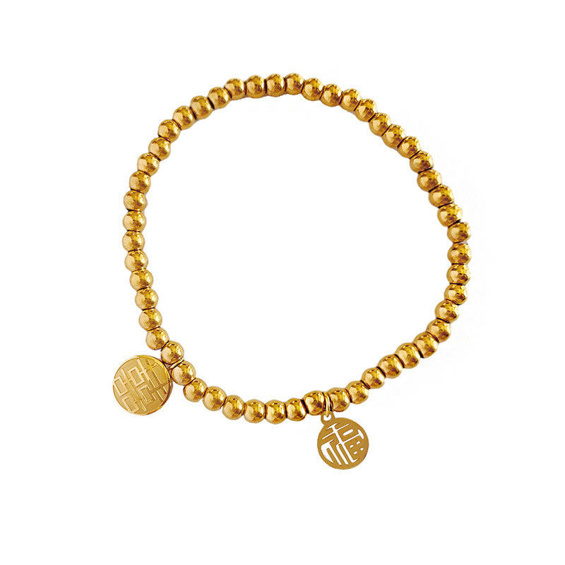 Beads Round Stretch Female Design Titanium Steel Golden Hollow Blessing Bracelet