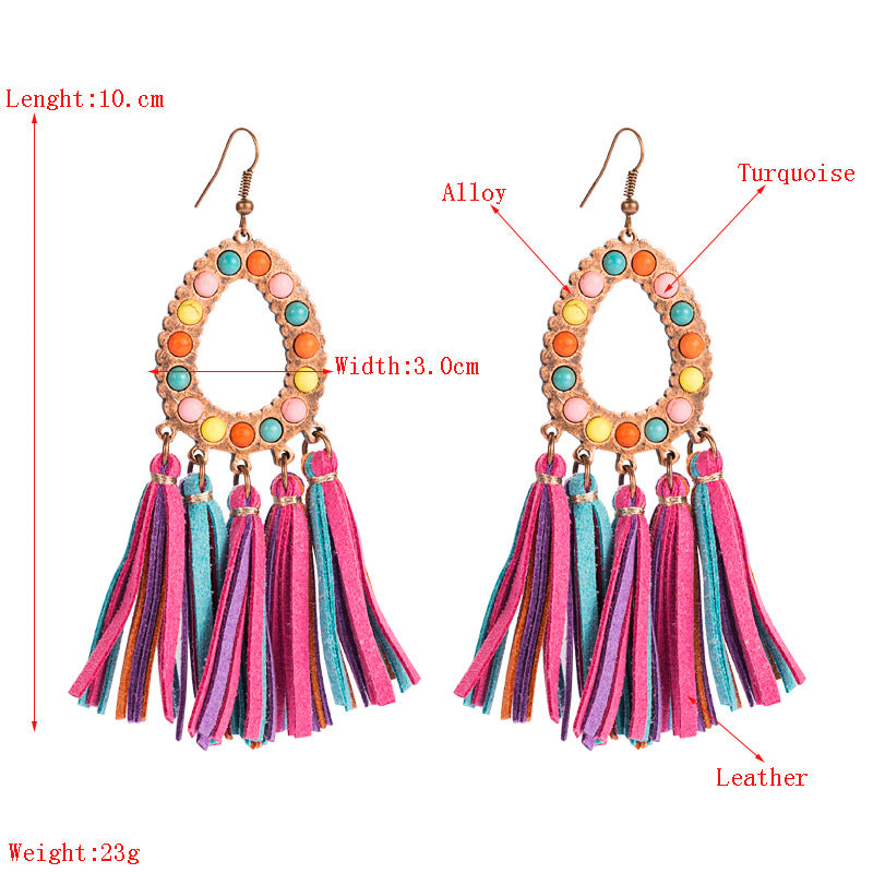 Alloy Inlaid Turquoise Exaggerated Leather Tassel Earrings