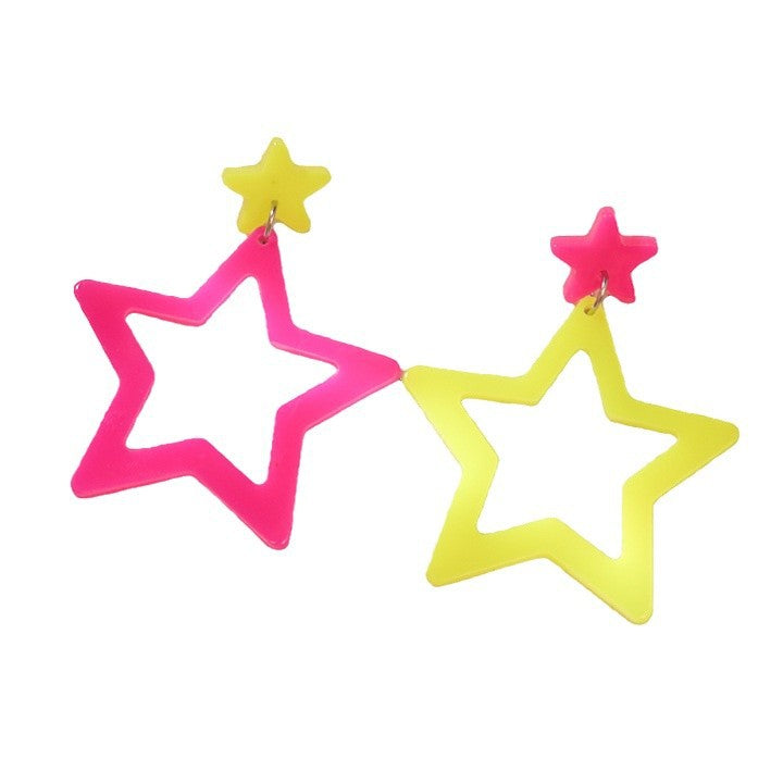 Exaggerated Trendy Fluorescent Color Hollow Pentagram Earrings
