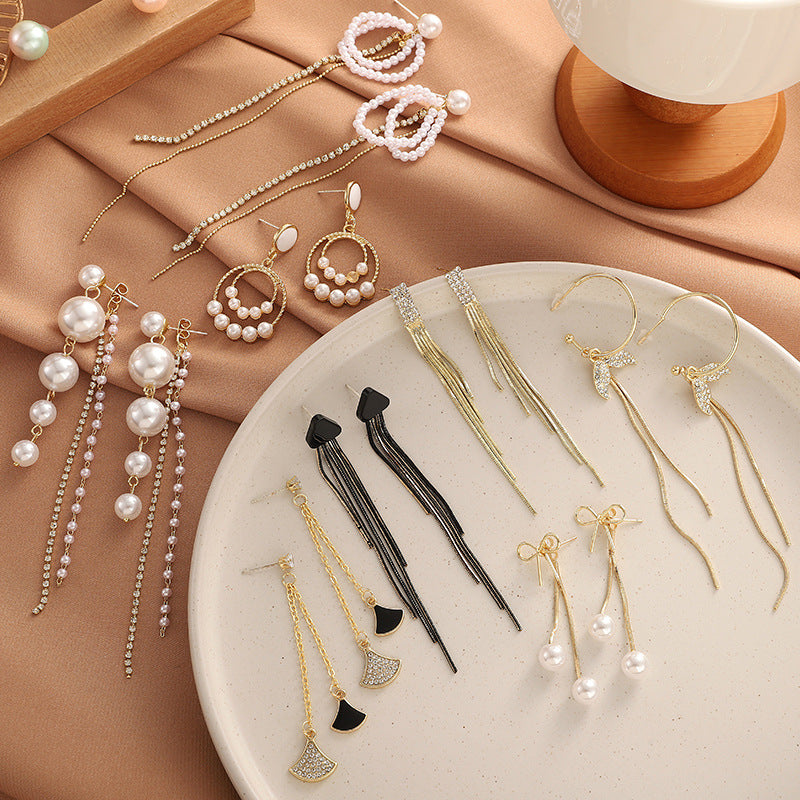 Tassel High-grade Sier Needle Metal Light Luxury Pearl Earrings