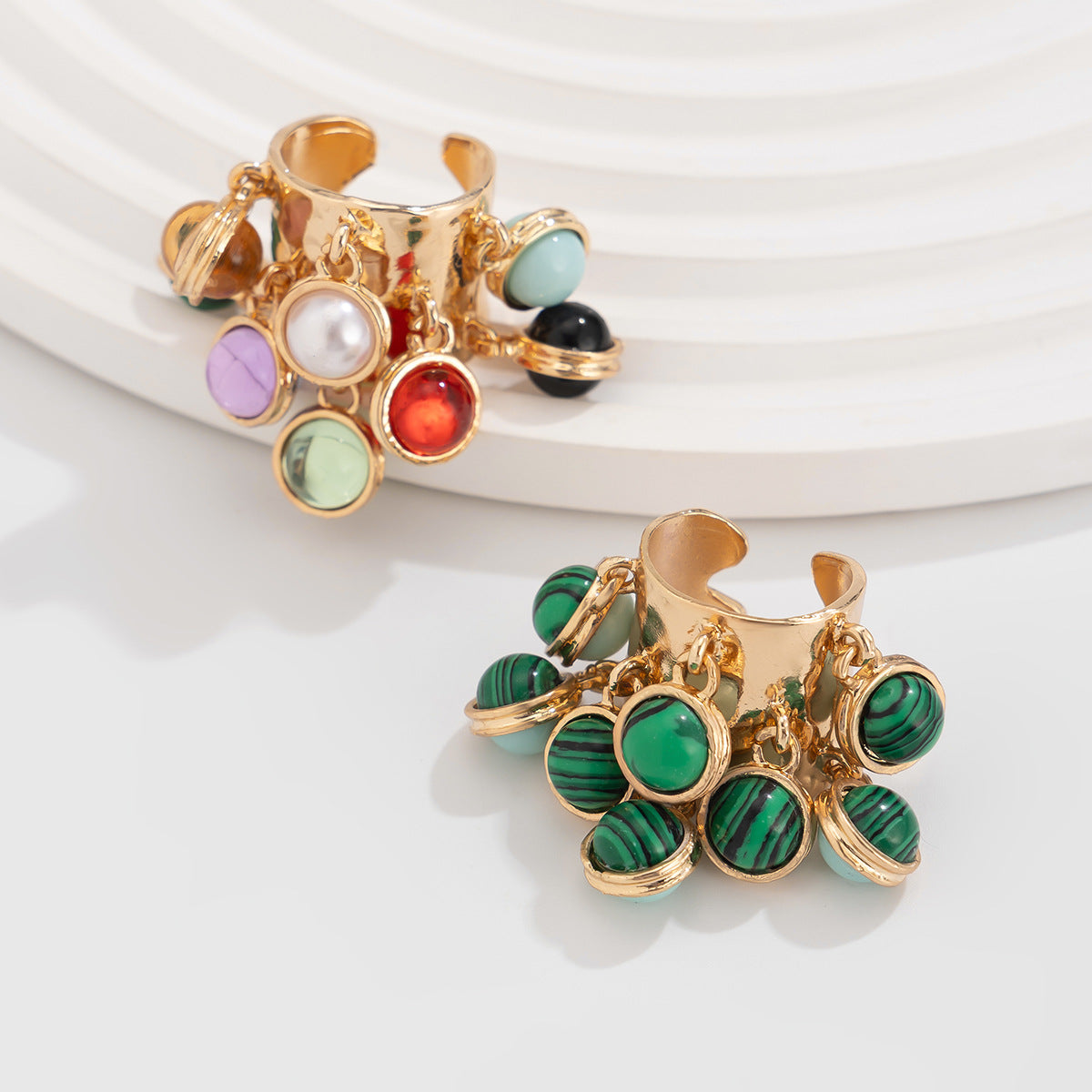 Vintage Court Inlaid Geometric Niche Malachite Rings