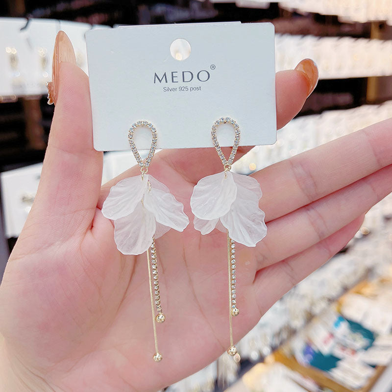 Long White Petal Fringed Sweet Super Fairy Simple Fresh Sier Earrings