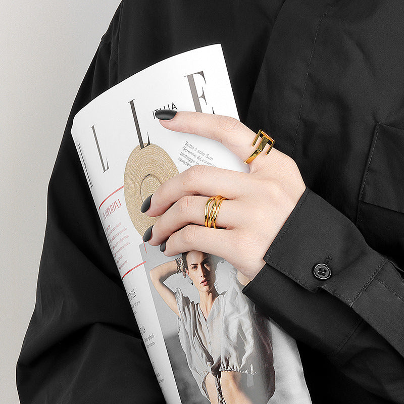 Hollow Square Female Personality Trend Letter Open Rings