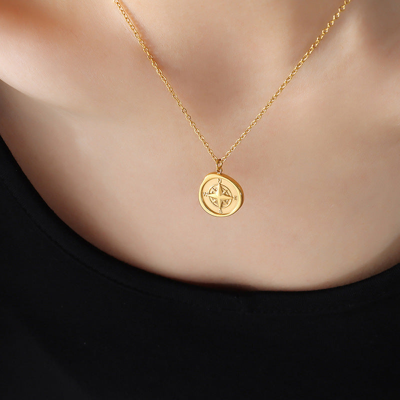 Round Compass Design Titanium Steel Gold-plated Necklace