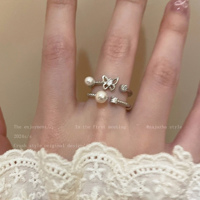 Pearl Butterfly Female Exquisite Design Inlaid Rings