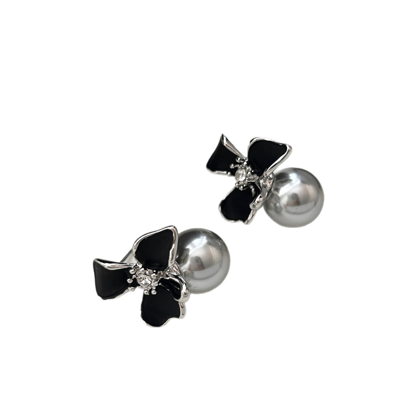 Sier Needle French Style Black Flower-de-luce Gray Bead Winter Versatile Stud Earrings