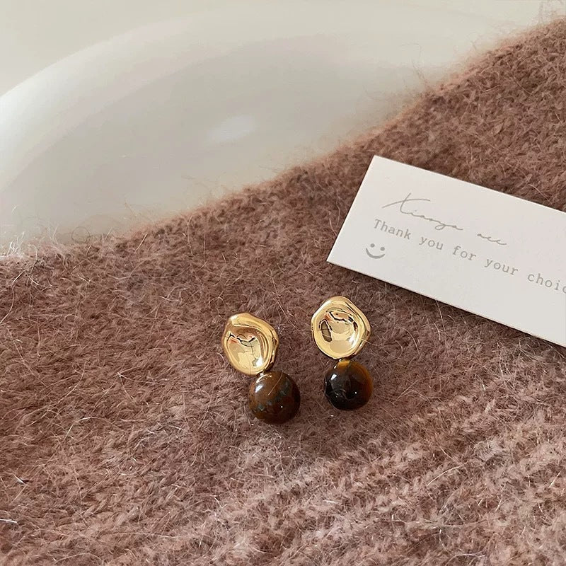Tigereye Sier Needle Double Ball Texture Earrings