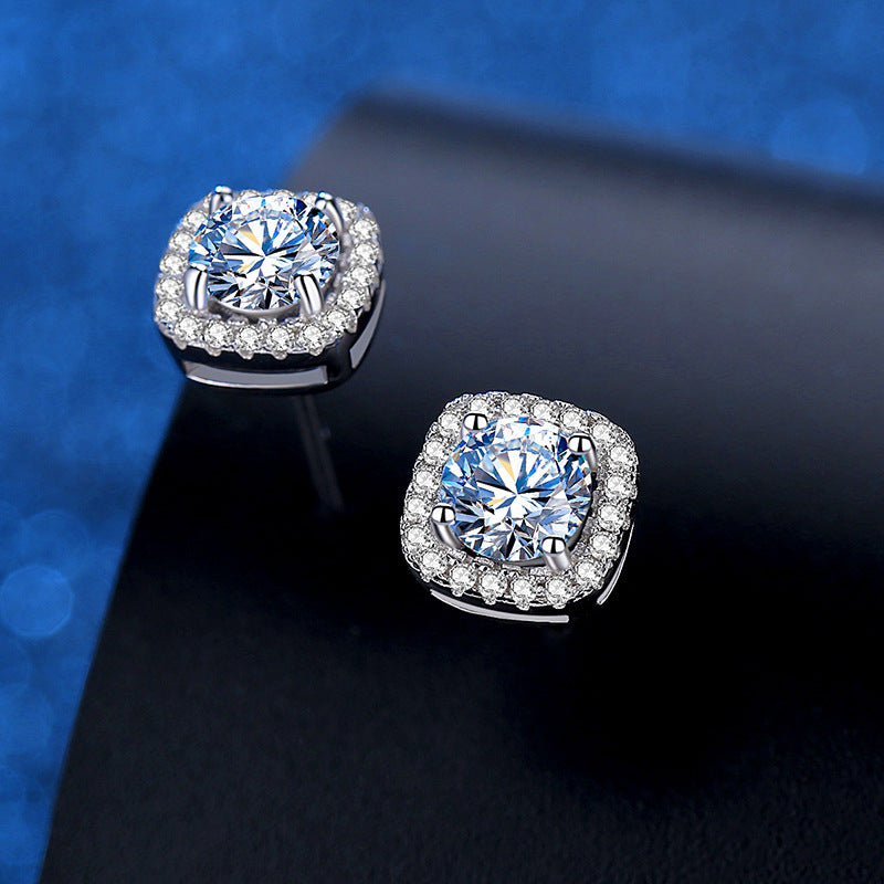 Women's Square Bag Diamond Sier Auricular Needle Stud Earrings