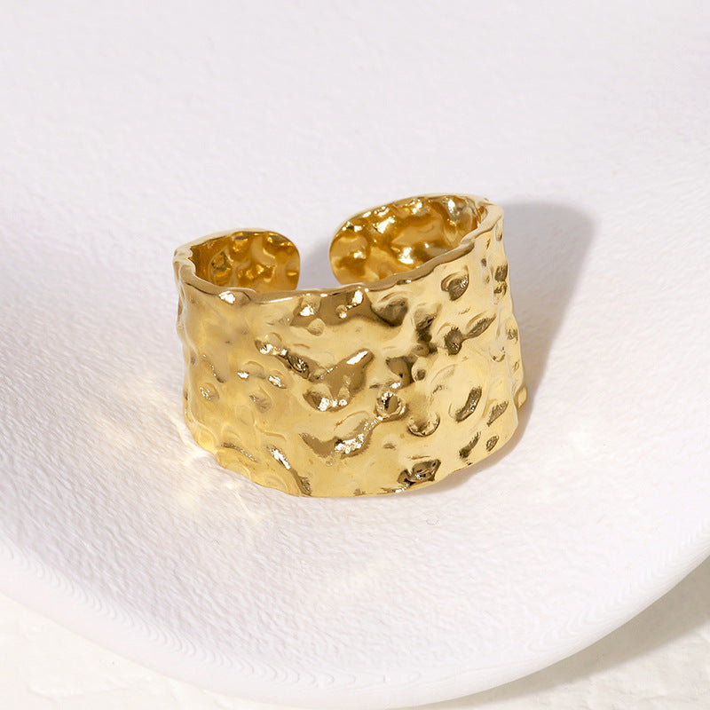 Women's Steel Open-end Gold-plated Irregular Hammered Wide Punk Ring