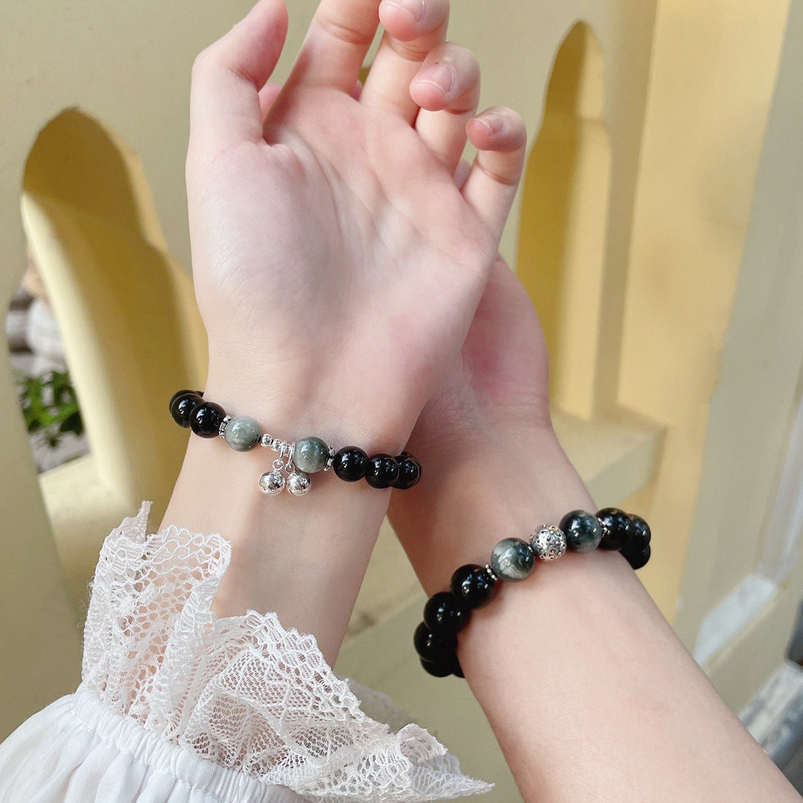 Women's & Men's Bell Obsidian One Pair Of Lovers Bracelets