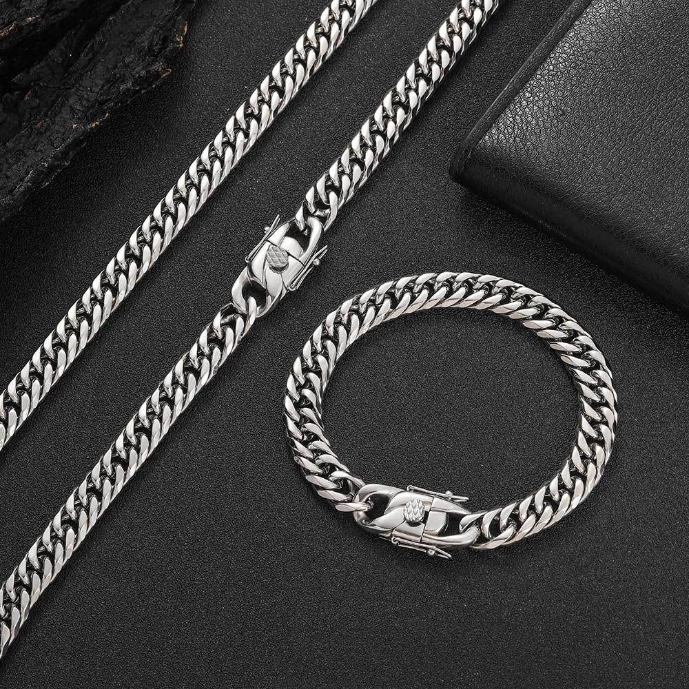 Dragon Head Buckle Stainless Steel Double Woven Cuban Real Gold Jewelry Set