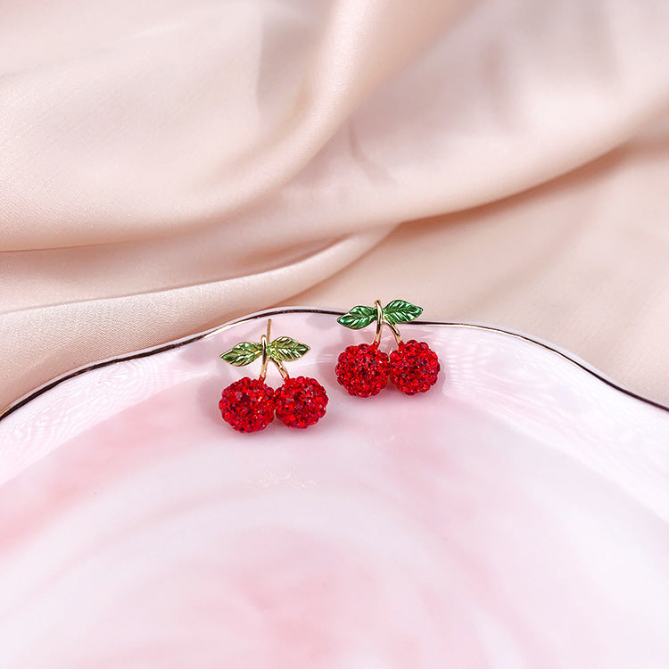 Red Cherry Strawberry Sier Heart Wind Earrings