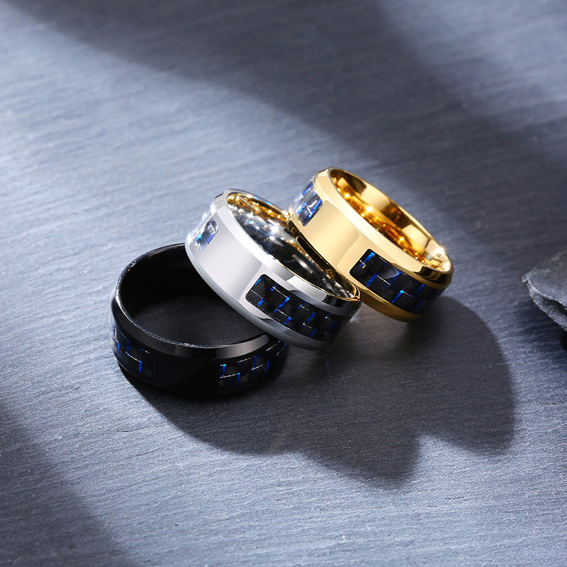 Men's Steel Blue Black Carbon Fiber Trendy Rings