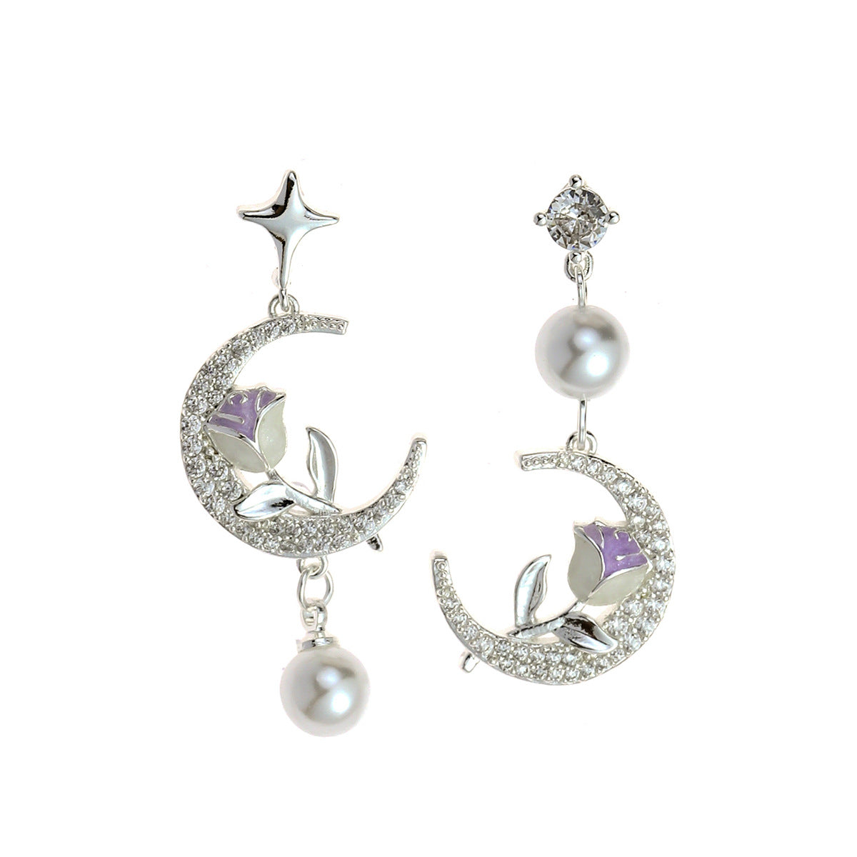 Women's Pearl For Asymmetric Design Full Diamond Stud Earrings
