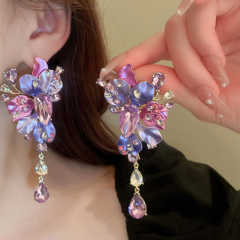 Women's Sier Butterfly Tassel Sweet Flowers Long Rings