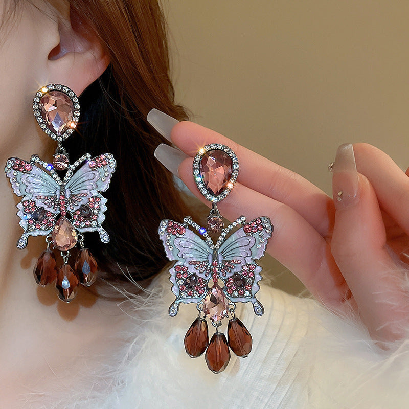 Women's Sier Butterfly Tassel Sweet Flowers Long Rings