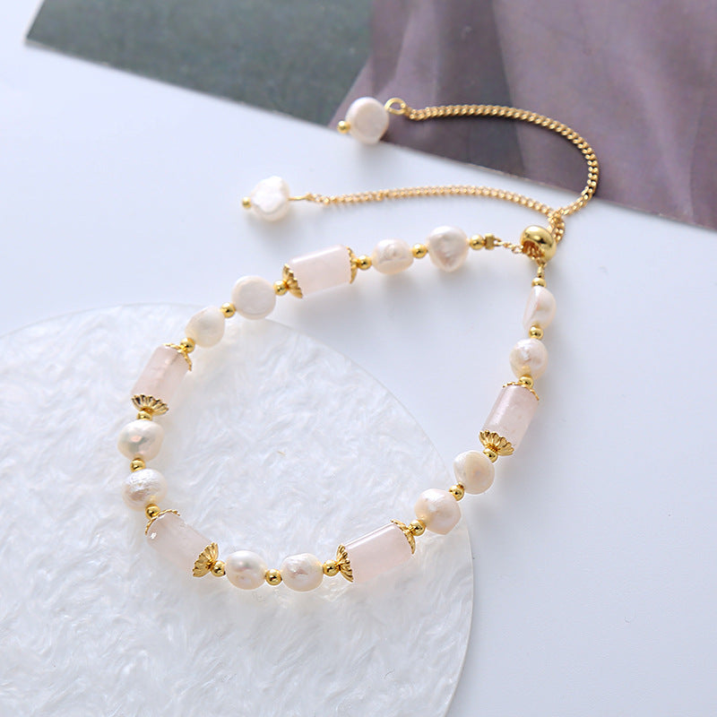 Women's Pink Crystal Barrel Beads Baroque Shaped Freshwater Pearl Bracelets
