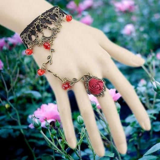 Punk Hand Jewelry Fashion Burgundy Flower Lace Bracelets
