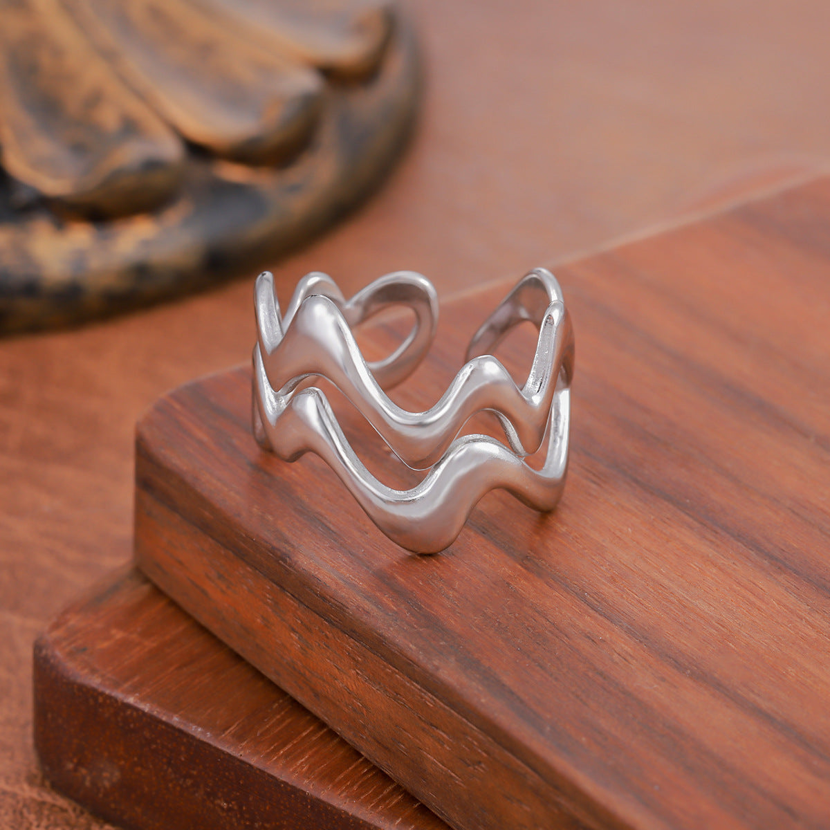 Wind Irregular Wave Line Open Stainless Steel Female Oil Ring