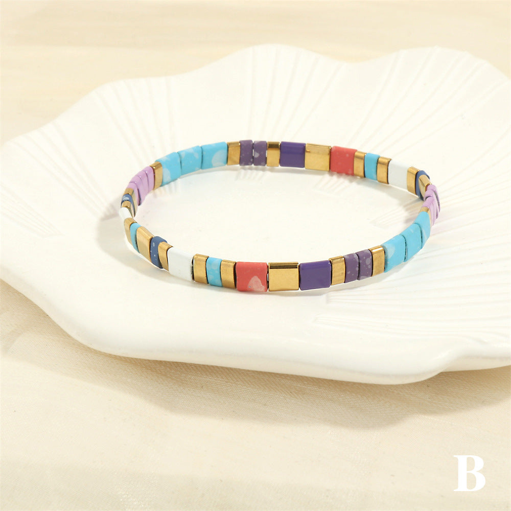 Women's Bohemian Design Bead Elastic Twin Color Bracelets