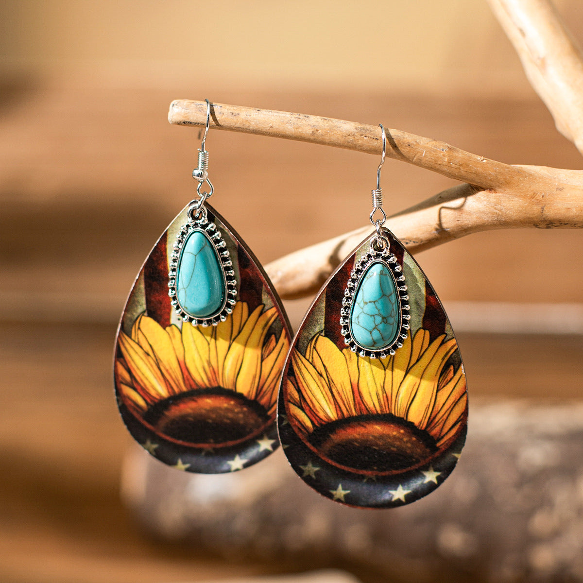 Sense Niche Sunflower Water Drops Wooden Earrings