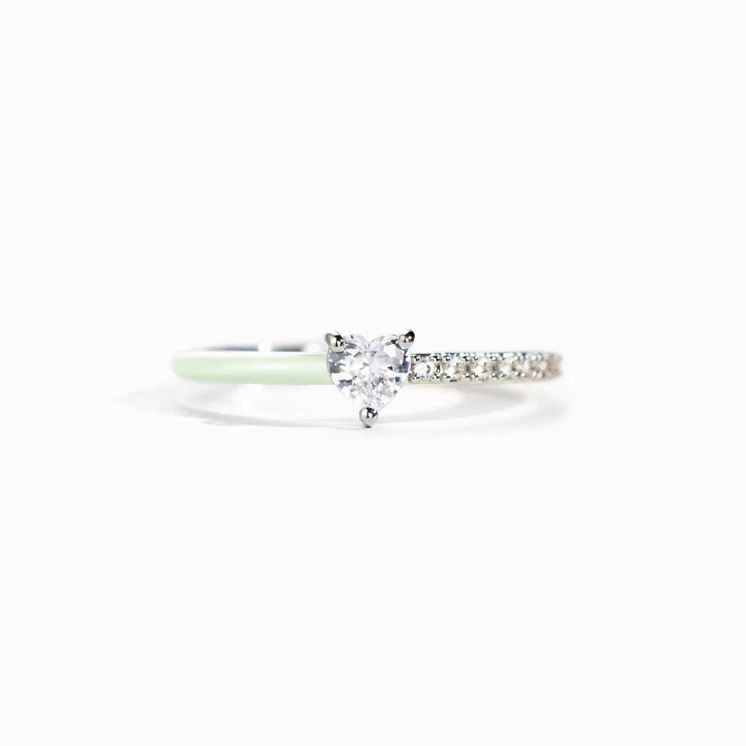 Women's Sier Heart-shaped Rectangular Zircon Cut Half Enamel Rings