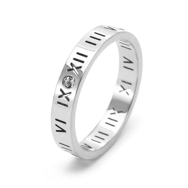 Women's & Men's Titanium Steel Diamonds With Roman Numbers Rings