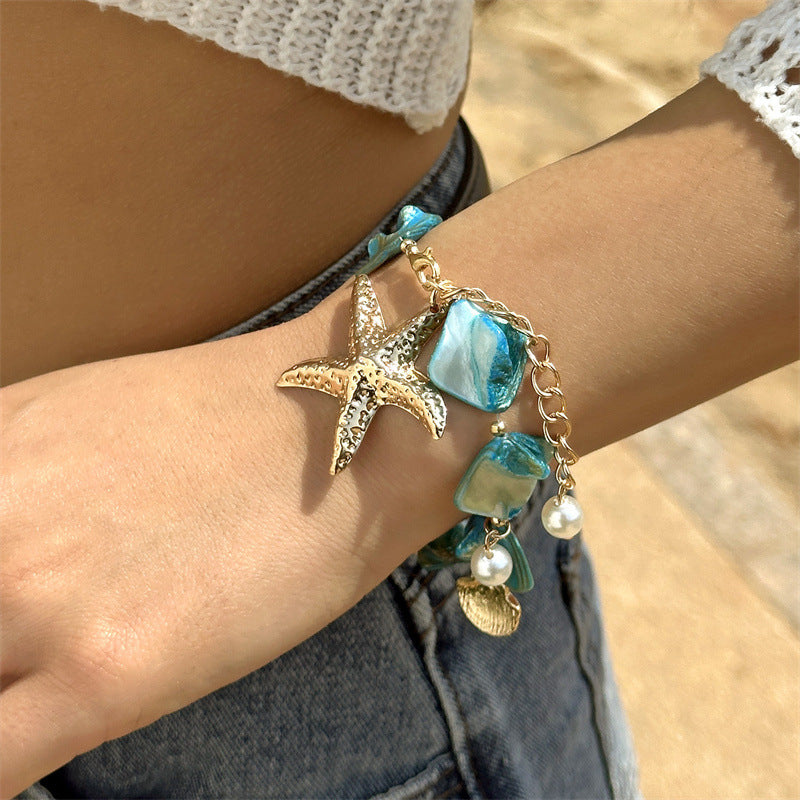 Women's Starfish Shell Beaded Imitation Pearl Layered Thick Necklaces