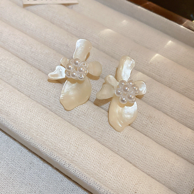 Sier Needle Flower Curved Irregular Pearl Baroque Vintage Earrings