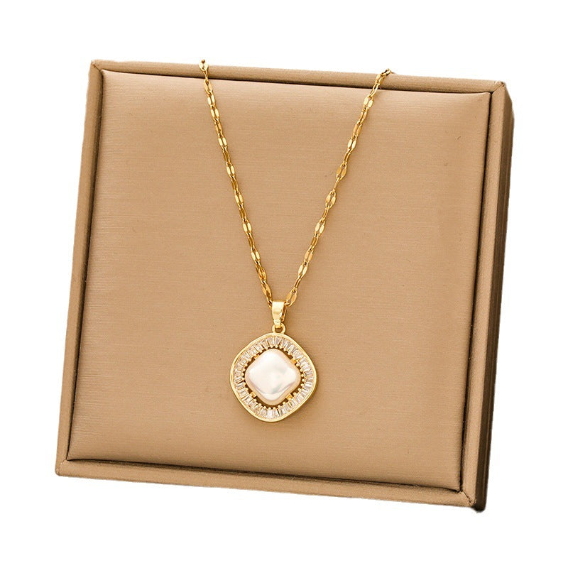 Gold Square Titanium Steel Versatile Zircon Necklaces