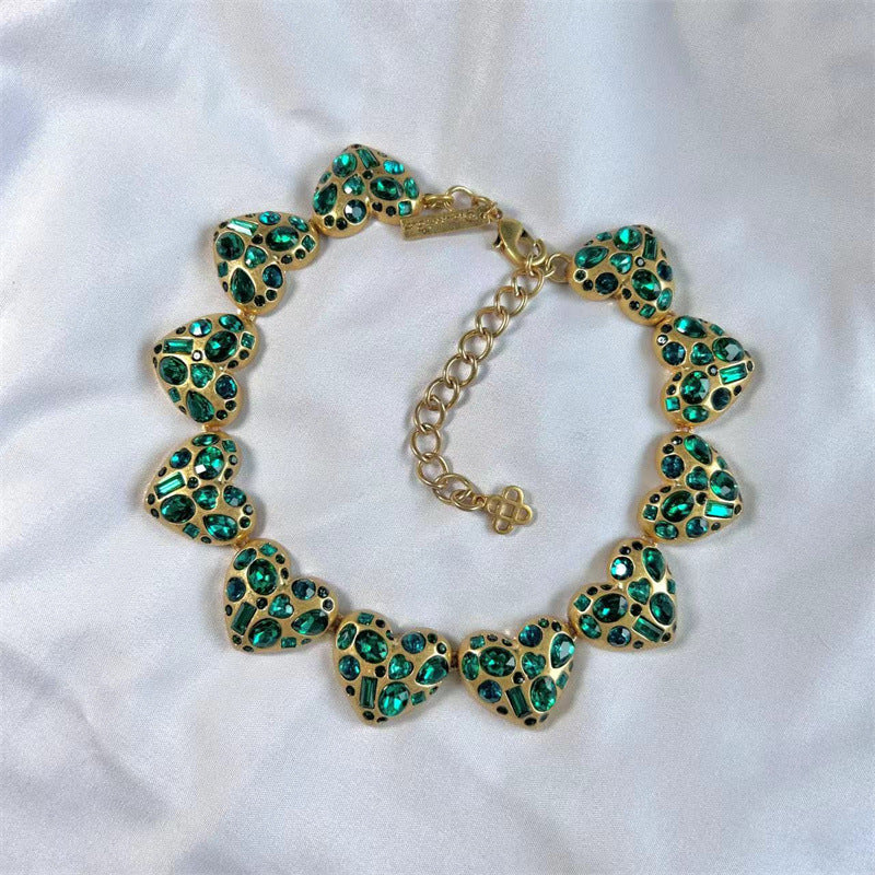 Women's Gold Retro Style Colorful Crystals Heart-shaped Necklace