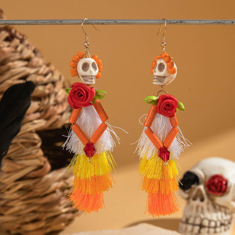 Halloween Funny Fun Skull Tassel Bead Earrings
