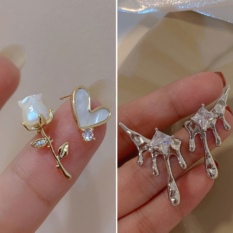 Sier Needle Flower Curved Irregular Pearl Baroque Vintage Earrings