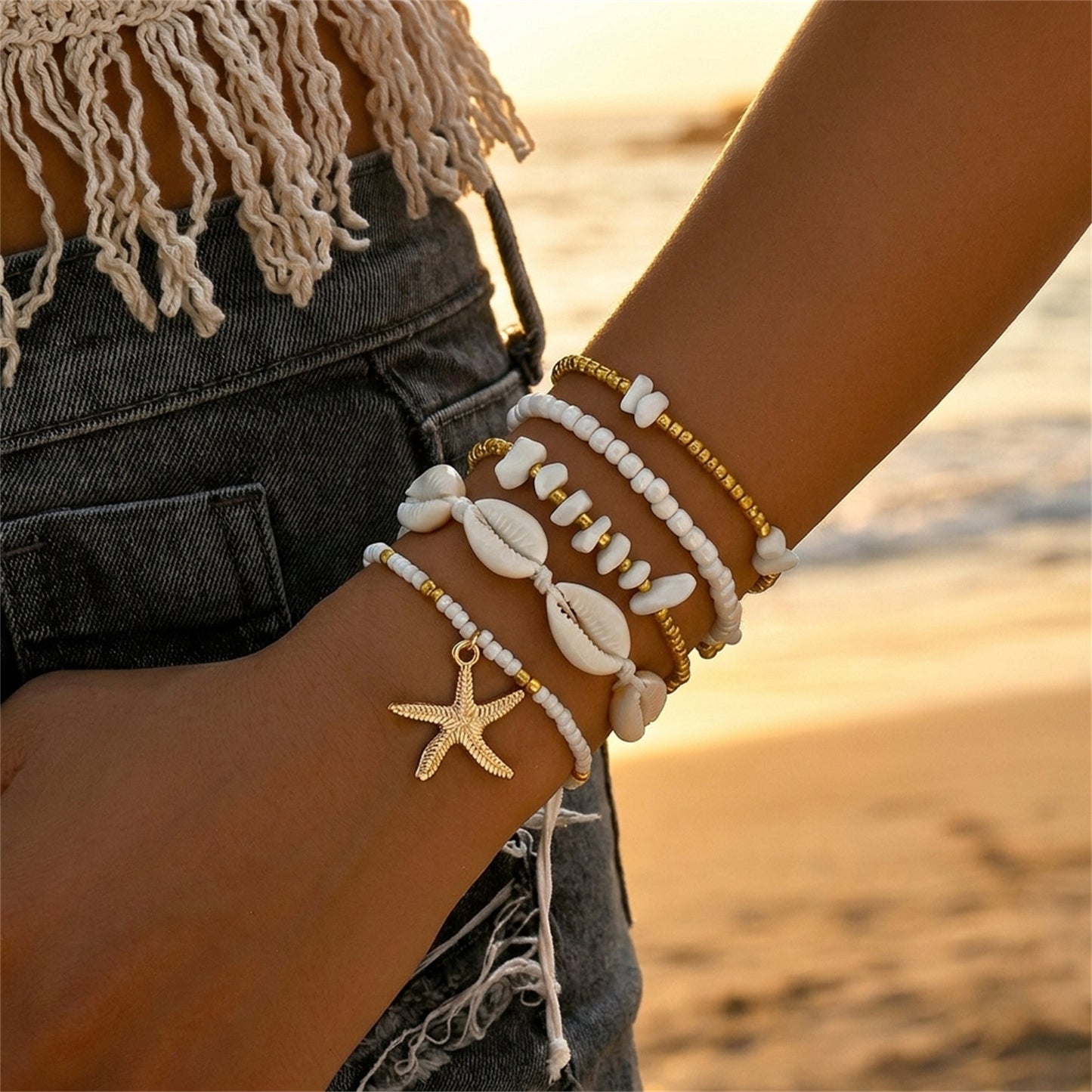 Women's Bohemian Style Twin Starfish Beach Bead Bracelets