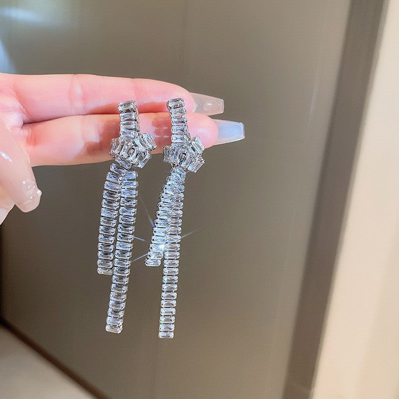 Needle Fully Jeweled Loving Heart Bow Earrings